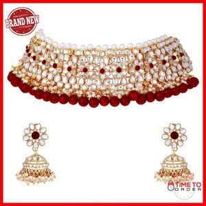 Kundan Pearl Choker Necklace & Jhumki Earrings Set Traditional Indian